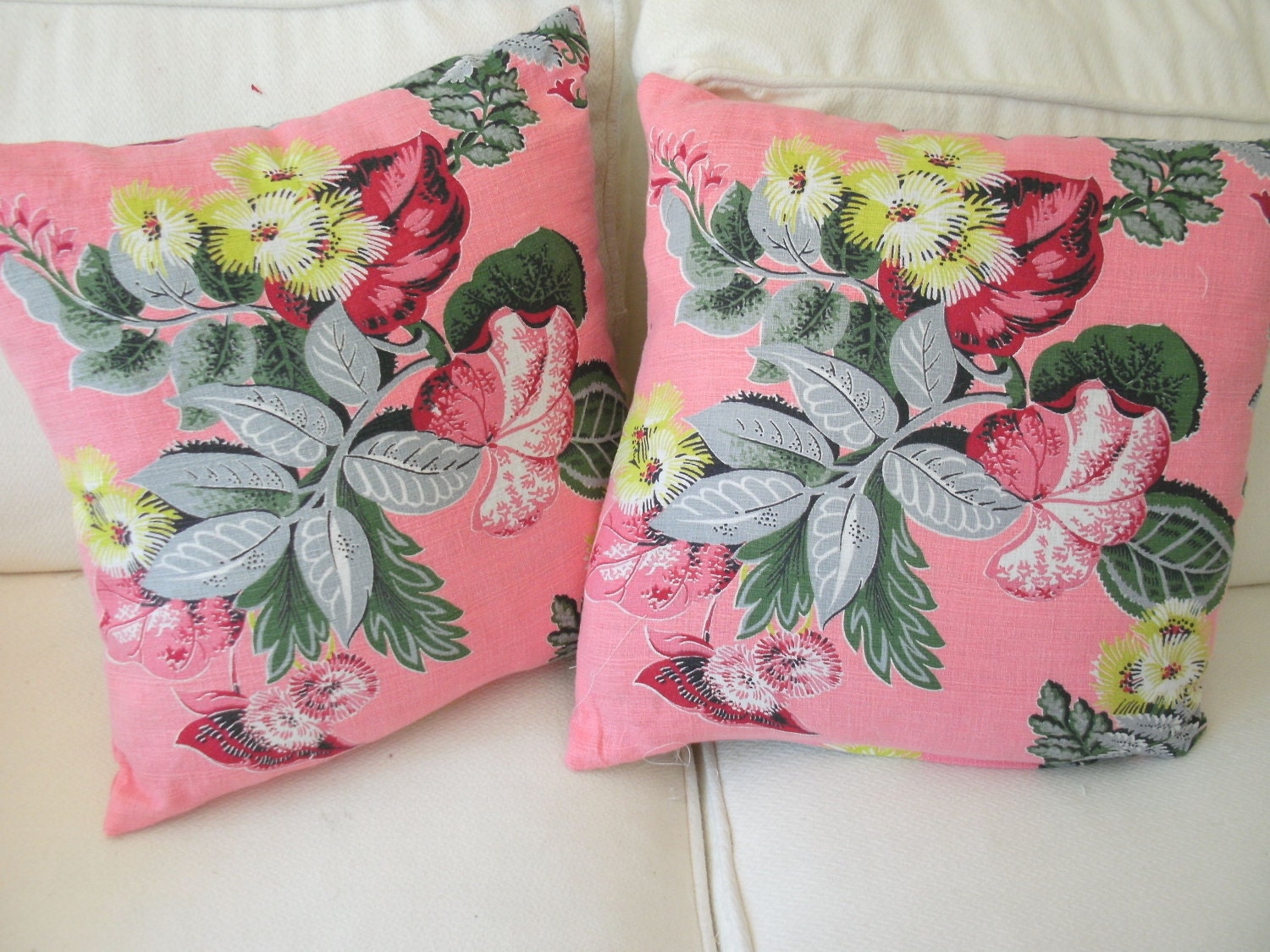 RESERVED FOR jILL shabby chic cottage barkcloth pillow covers vintage 1940 pink floral