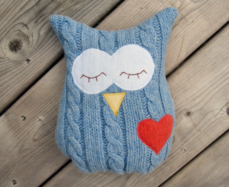 Owl Pillow Plush - Recycled Wool - Cable Blue