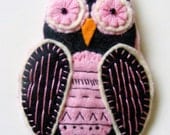 Handmade Black and Pink Felt Owl Brooch