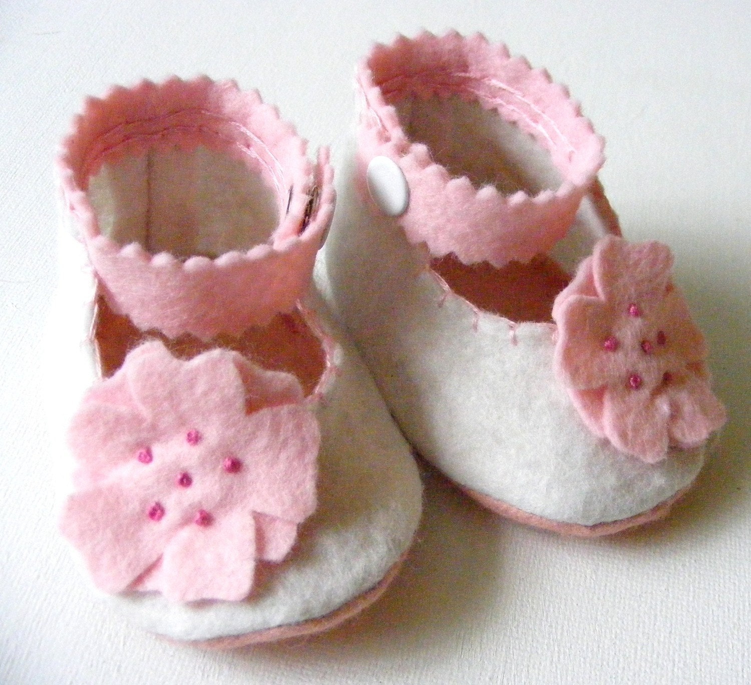 Pink  Pansy Felt Baby Booties Mary Jane Style