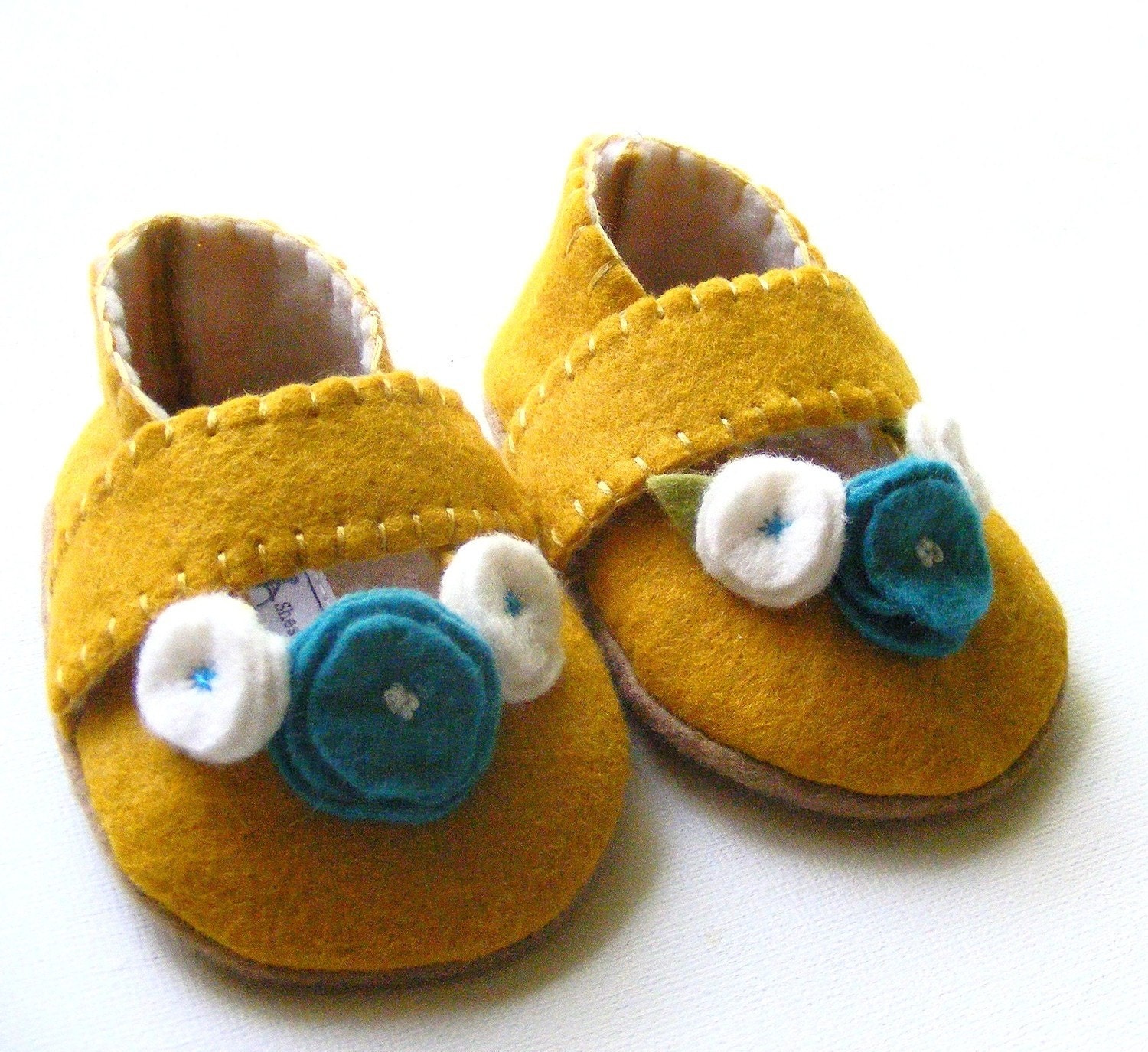 Mustard Baby Shoe, Felt with Turquoise Floral