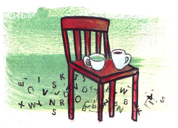 Green Cups and Chair 4x6in Print of Original Illustration