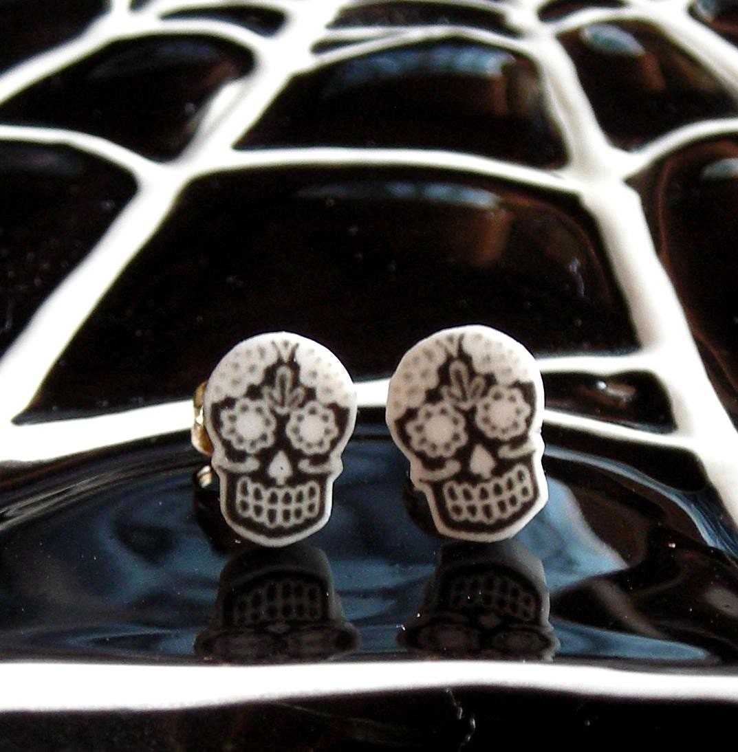 Day of the Dead mini black and white Sugar Skull earrings - Inked Soul