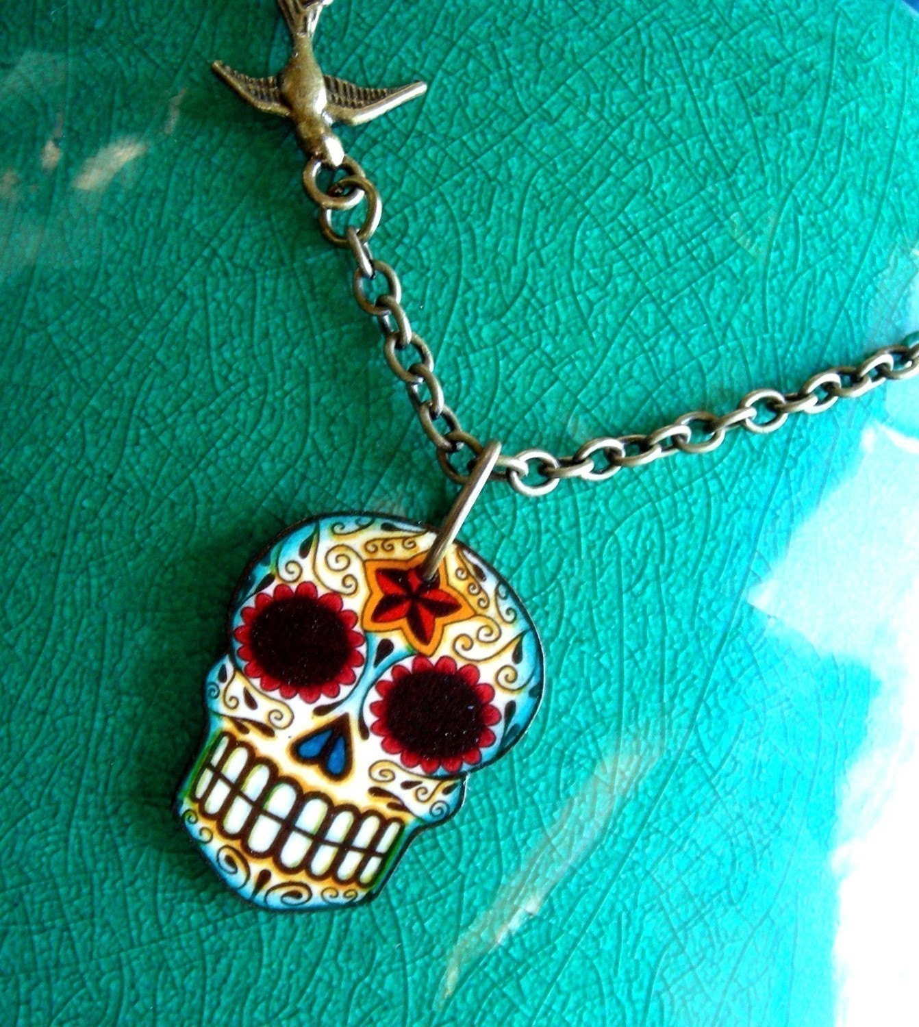 Day of the Dead filigree Sugar Skull with Small Swallow Necklace on an Antiqued Brass Chain
