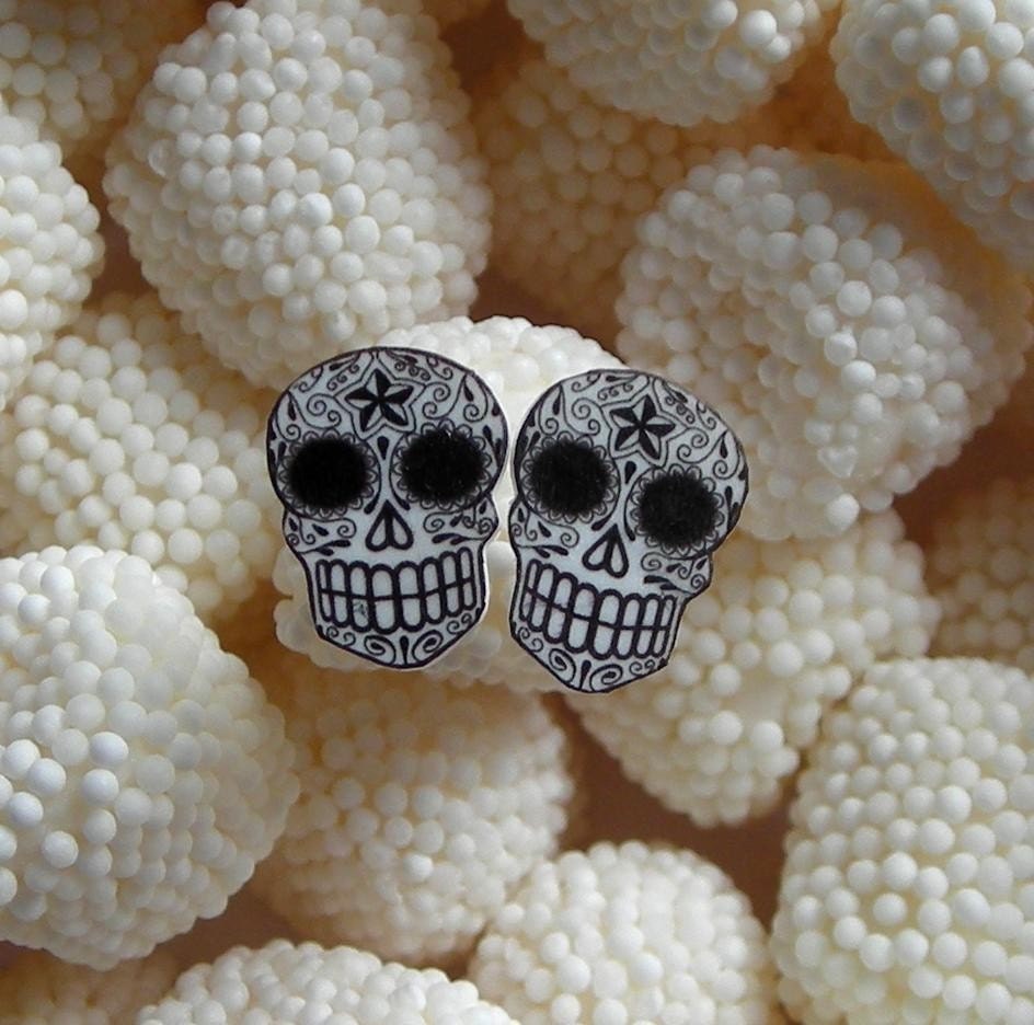 Black and White Filigree Sugar Skull Earrings