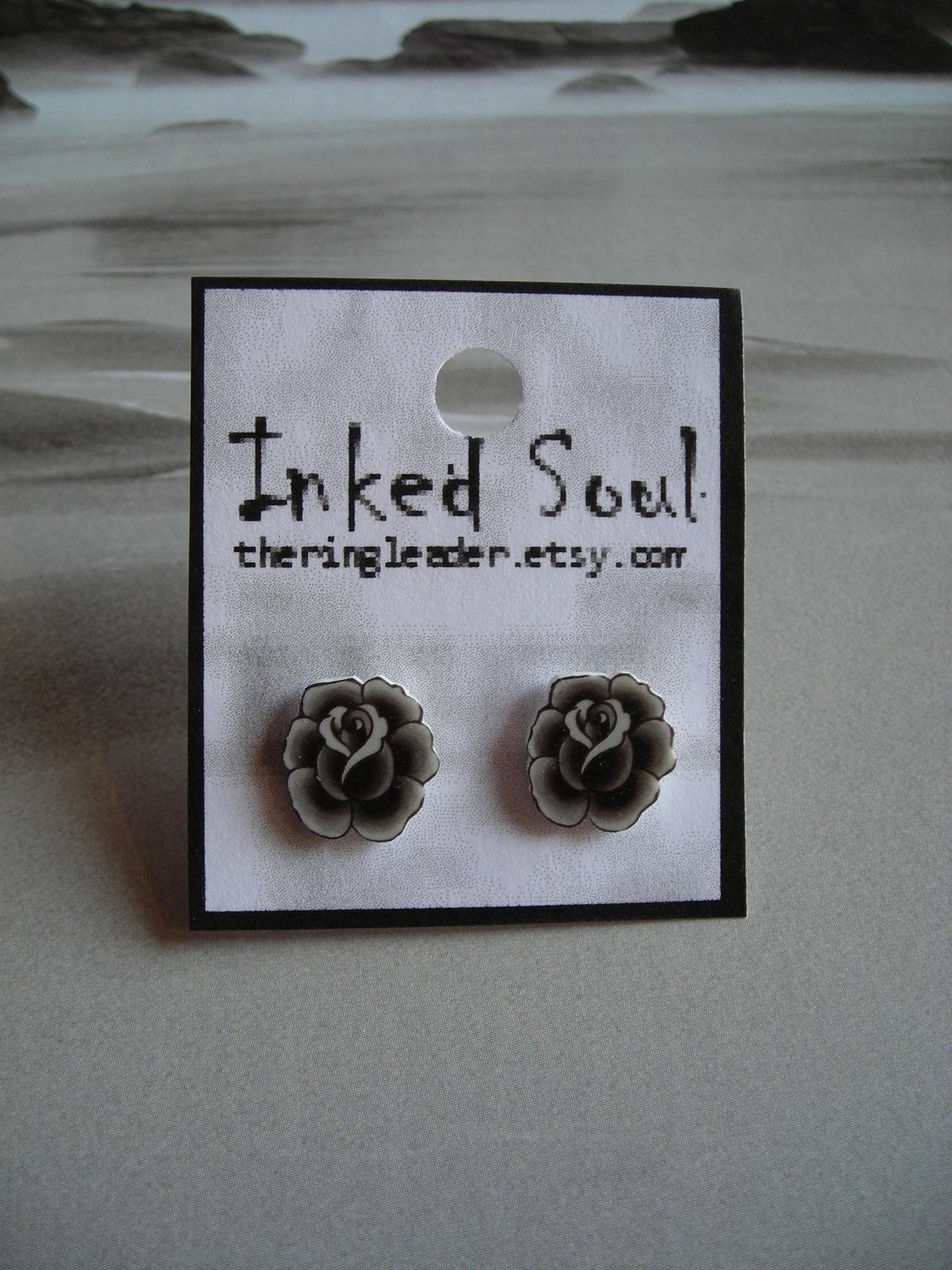 Black and Grey Vintage Tattoo Rose Post Earrings