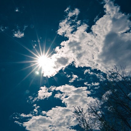 blue skies nature photograph / sky, sun, clouds, sunflare, sunburst, star / white, blue / peekaboo / 8x8
