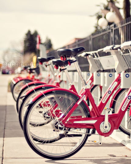 bicycle photograph / bike, red, city, denver, lined up / mile high bikes / 8x10 fine art photo - shannonpix