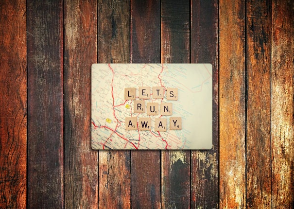 adventure travel photo magnet / kitchen decor, fine art photograph, wanderlust, escape, run away, scrabble tiles, letters