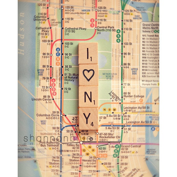new york travel photograph / nyc, subway map, natural wood scrabble tiles, love, heart, letters, print / i heart ny / 8x 10 fine art photo