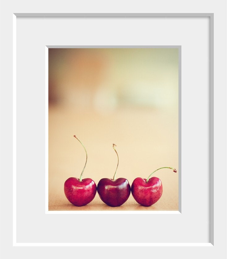 cherries still life food photograph / valentines day, kitchen decor, heart, cherry, three, trio, red, minimalist / hearts / 8x10 fine art