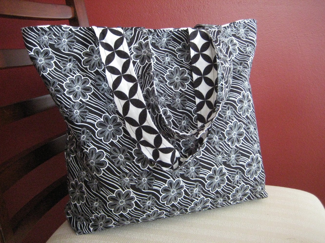 Tote Bag- Reversible Black and White Geometric