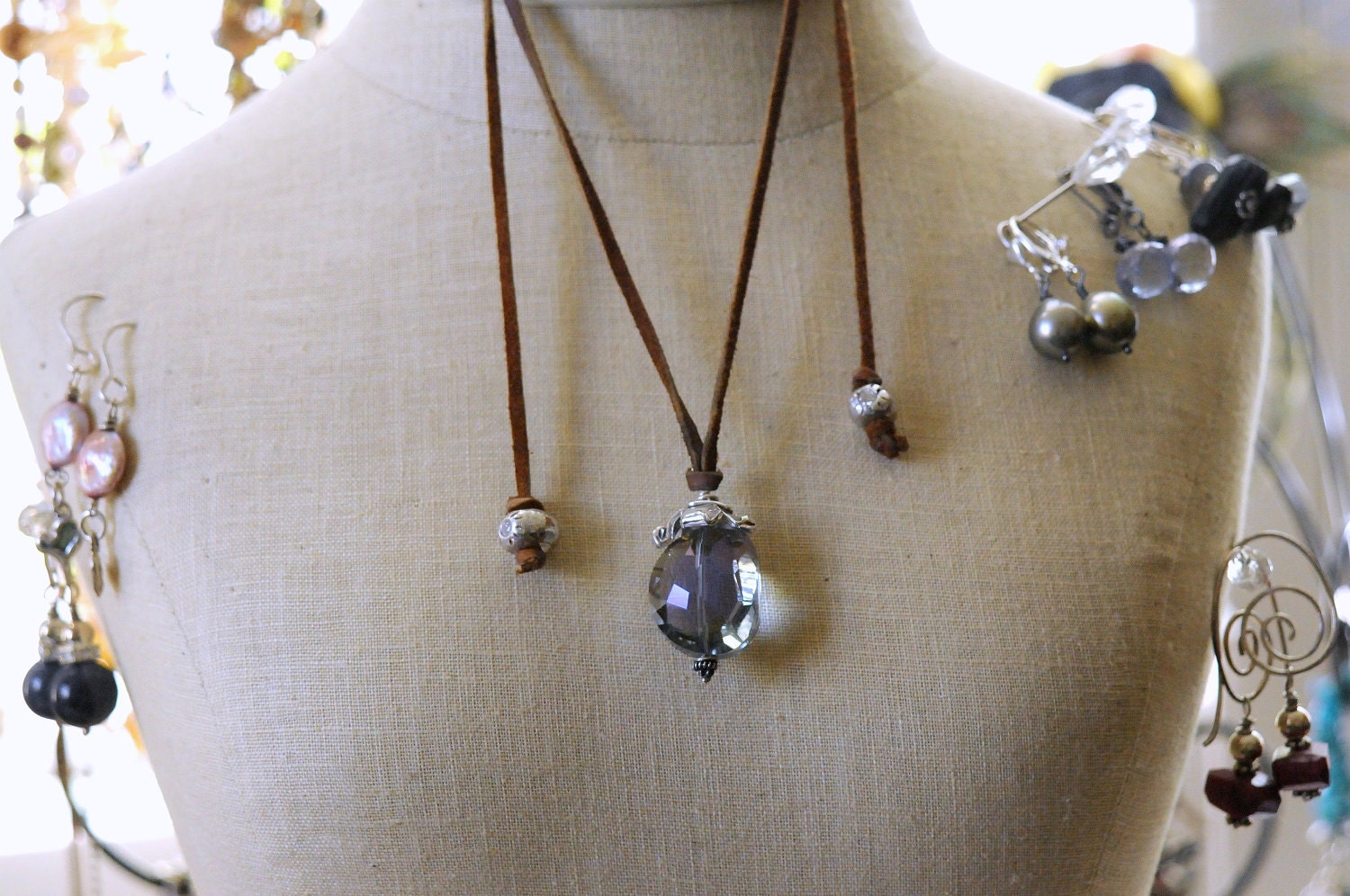 Mystic stone artisan handmade SS leather necklace