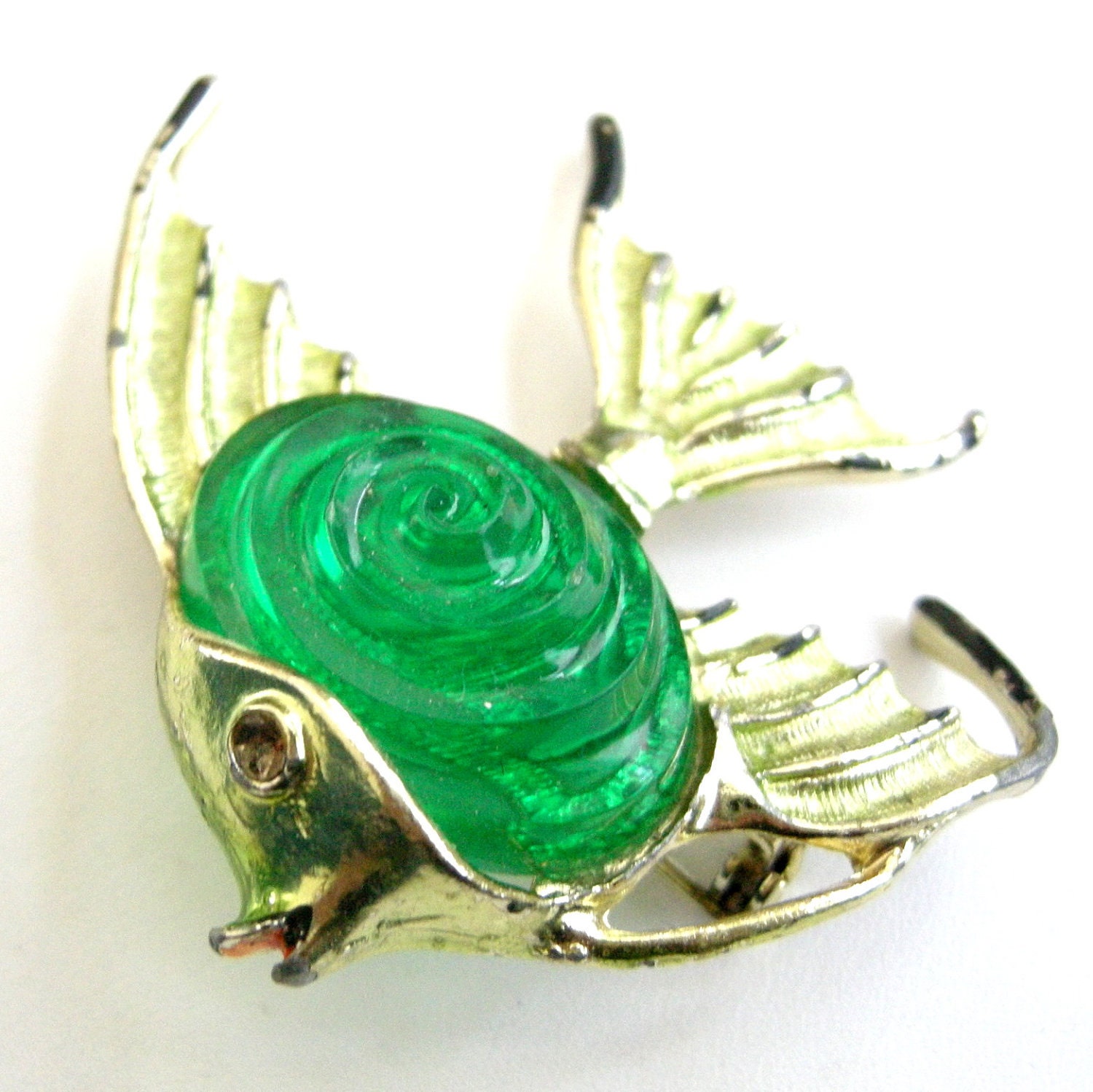3 for 15 FREE SHIPPING - Vintage gold tone angel fish brooch with lime green paint, plastic cab
