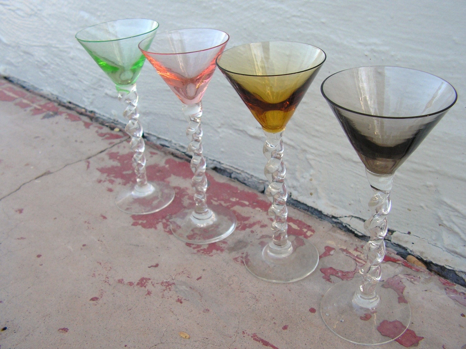 Vintage Glass Cordials Wine Glasses for Holiday Entertaining / set of four Cocktail Glasses with Twisted Stems / Hand blown Art Glass