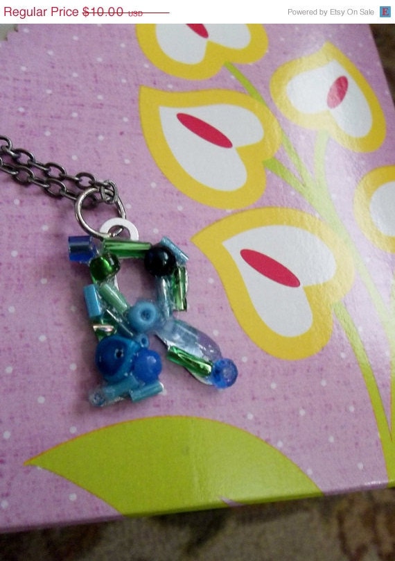 ON SALE Initial Letter R Blue Green Glass Bead Mosaic Charm Necklace