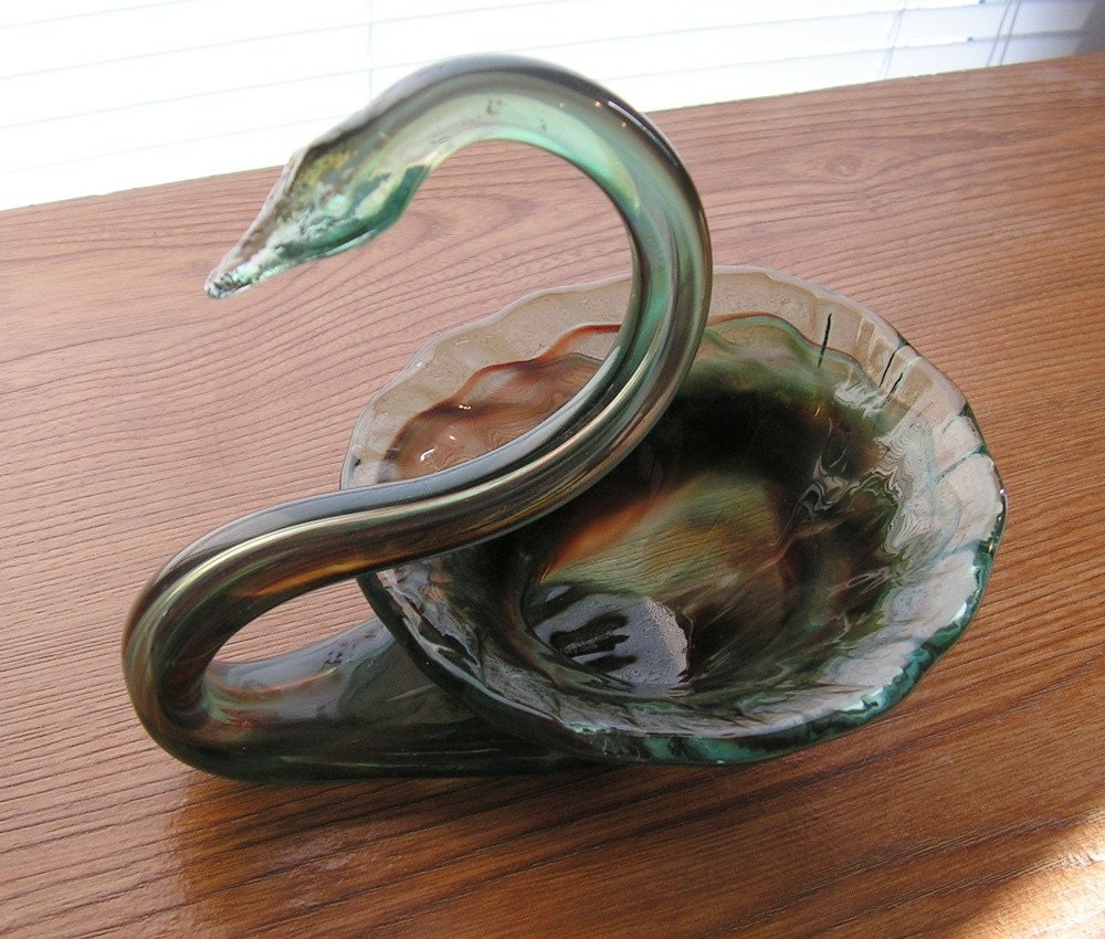 Vintage Glass Swan Murano Green Brown Bowl by retrosideshow