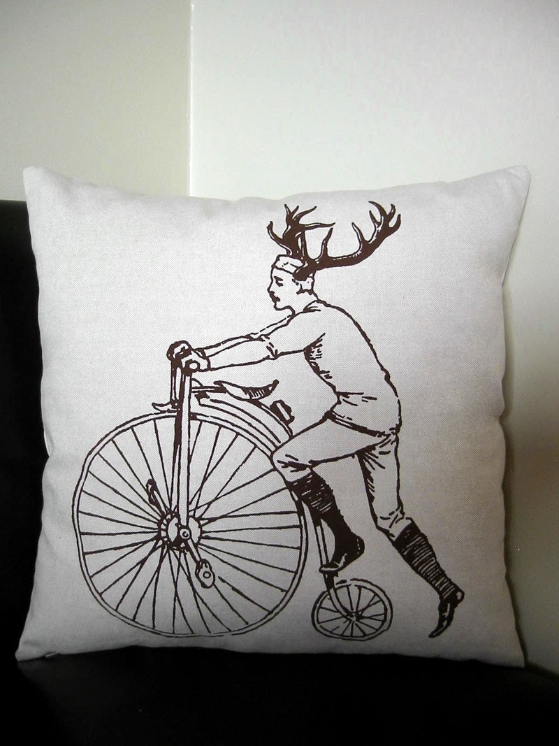 Buck on Bike silk screened cotton canvas throw pillow 18 inch square
