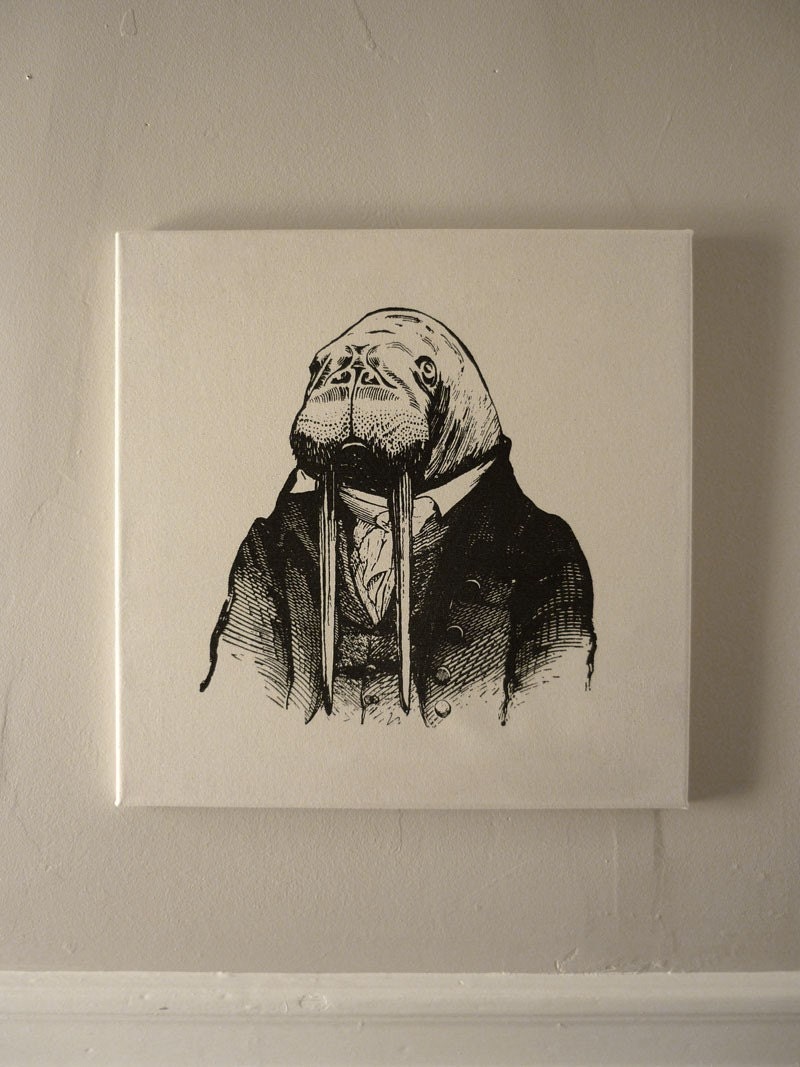Professor Walrus silk screened cotton canvas wall hanging black natural