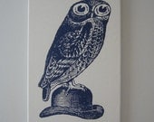 Owl on Bowler Hat silk screened canvas wall hanging 18x12 NAVY