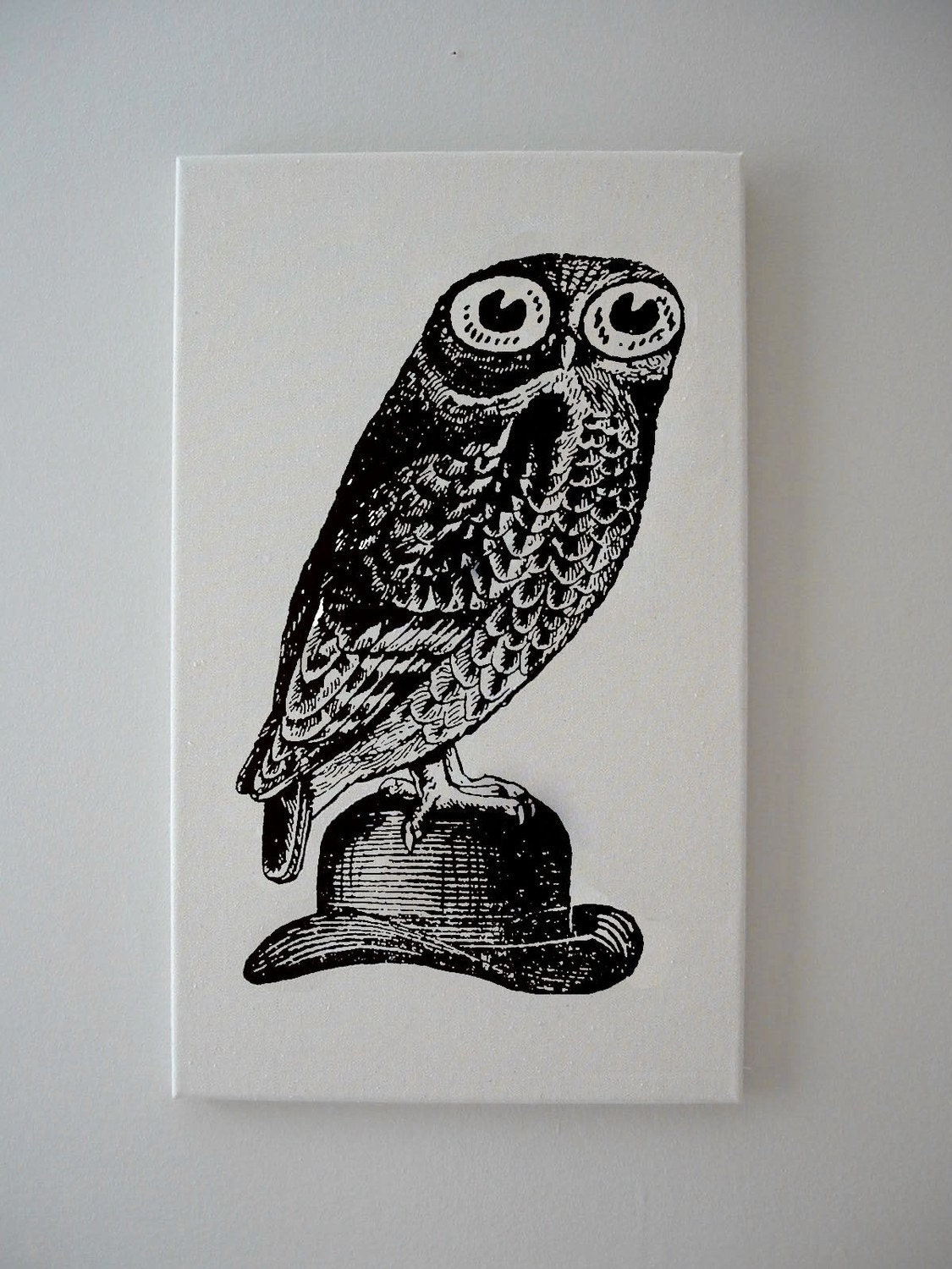 Owl on Bowler Hat silk screened canvas wall hanging 18x12 BLACK