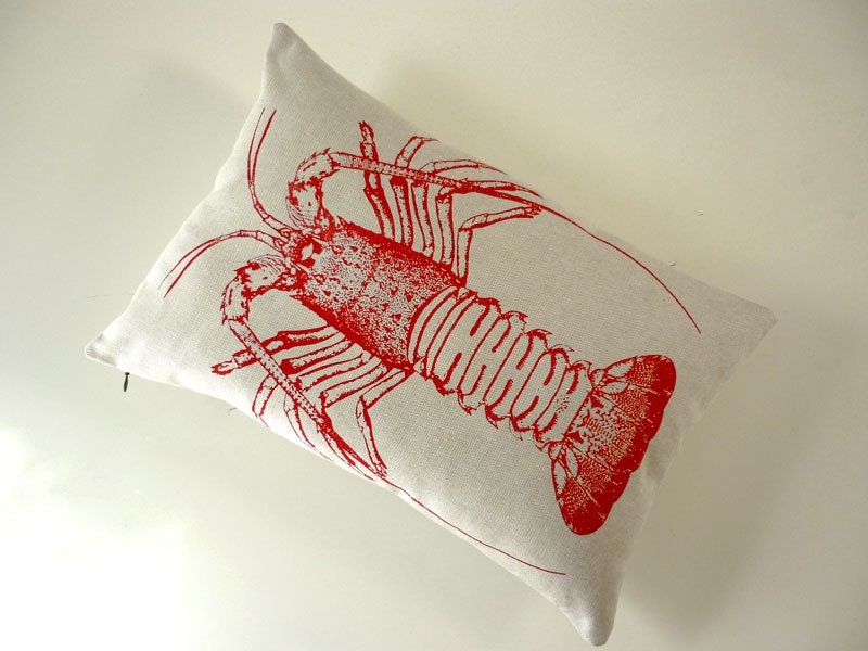 Vintage Spiny Lobster silkscreened cotton canvas throw pillow 18x12