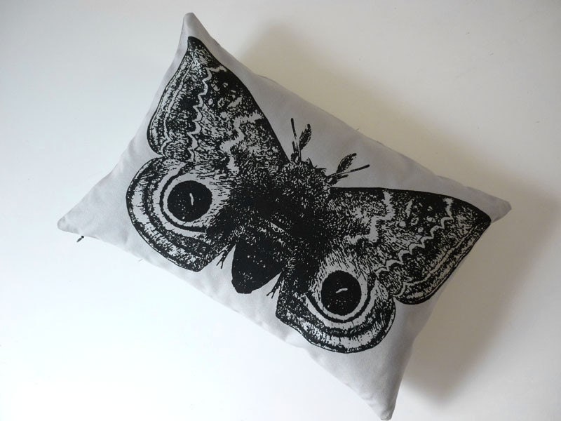 IO Moth silk screened cotton canvas throw pillow 12x18 black on gray
