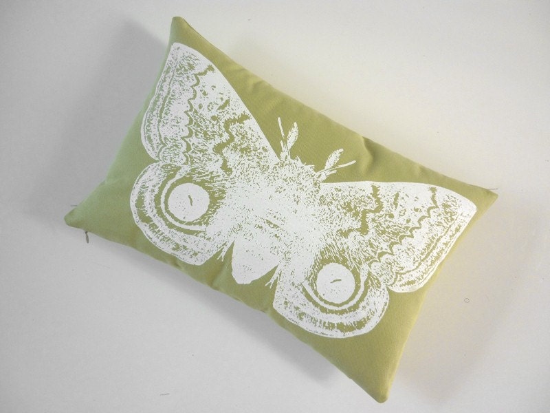 Giant IO Moth silk screened cotton canvas throw pillow toile 18x12 apple green