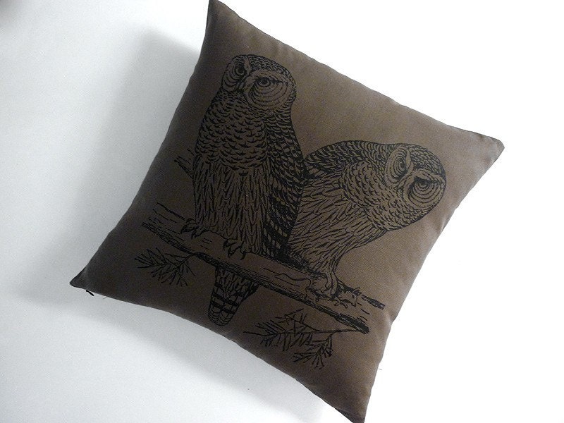 Owls silk screened cotton canvas throw pillow 18 inch moss black