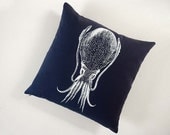 Cuttlefish squid silk screened cotton canvas throw pillow 18 inch navy blue white