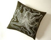 Vintage Octopus silk screened cotton canvas throw pillow white on moss