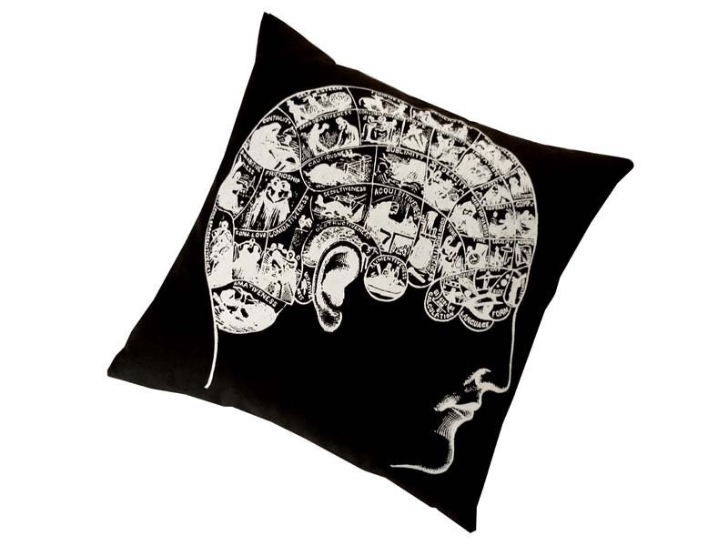 Phrenology silk screened cotton canvas throw pillow 18 inch white on black