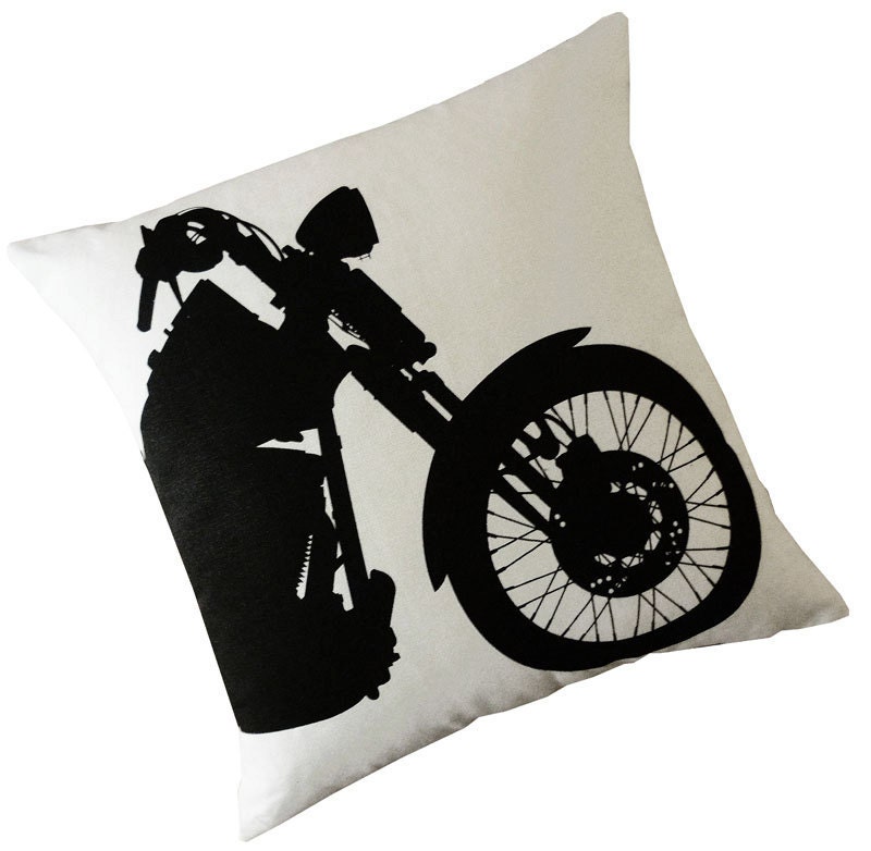 Harley Motorcycle silk screened cotton throw pillow 18 inch black on ivory white