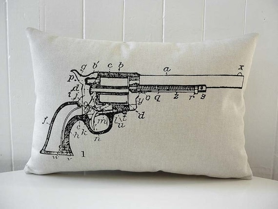 Revolver Gun Diagram silk screened cotton canvas throw pillow 12x18 black
