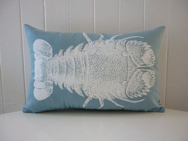 Slipper Lobster silk screened cotton throw pillow 18x12 teal blue white