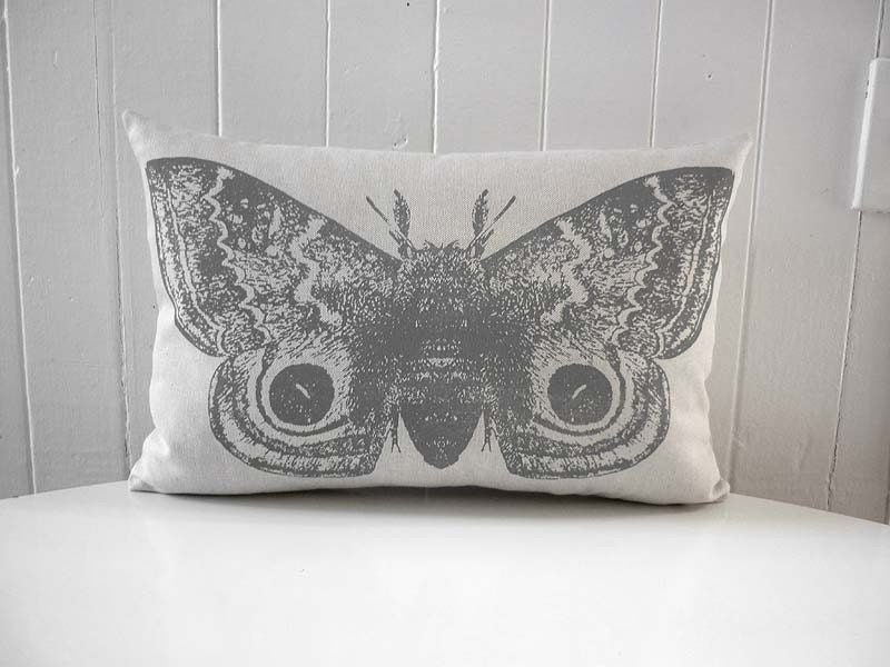 IO Moth silk screened cotton canvas throw pillow 12x18