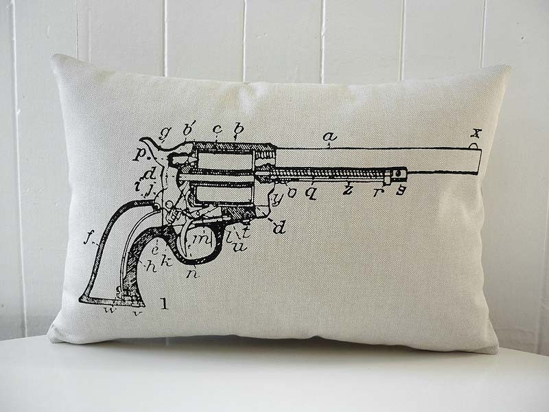 Revolver Gun Diagram silk screened cotton canvas throw pillow 12x18 black