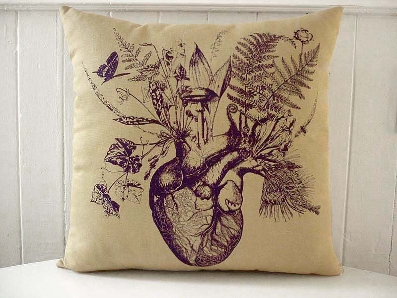 Growing Heart silk screened cotton canvas throw pillow 18 inch purple on desert
