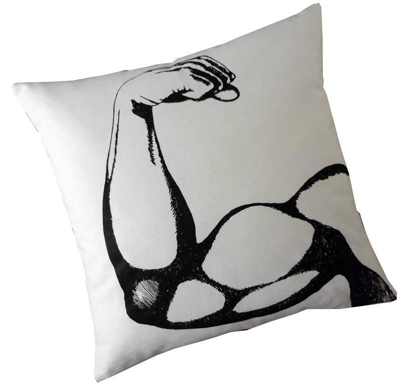 Bicep silk screened cotton canvas throw pillow 18 inch black on unbleached