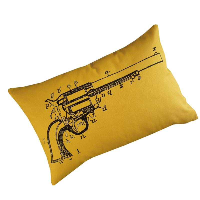 Revolver Gun Diagram silk screened cotton canvas throw pillow 12x18 black on yellow