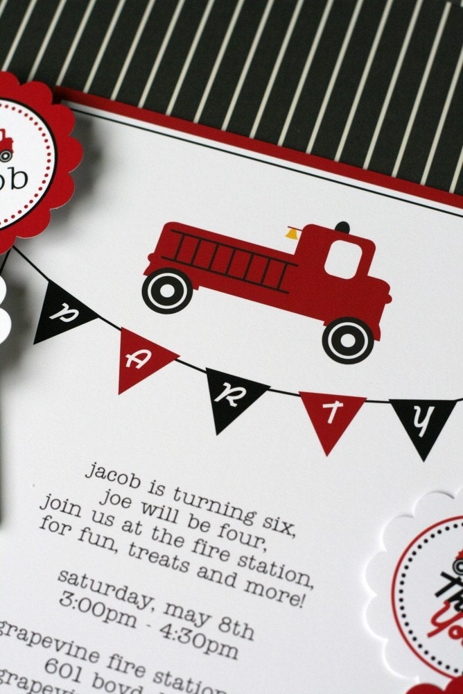 Fire Truck Party Printable Birthday Party Invitation by The TomKat Studio