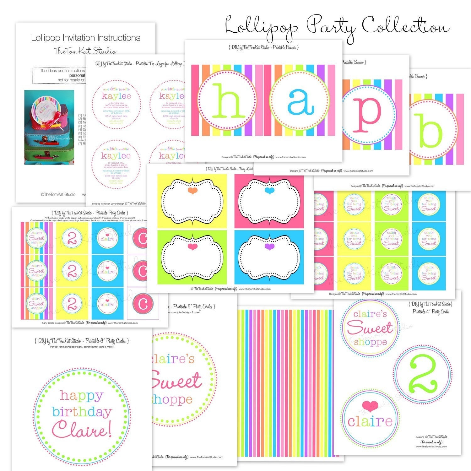 INTRO SALE - 40 PERCENT OFF - PRINTABLE LOLLIPOP BIRTHDAY PARTY PACKAGE - FULL COLLECTION - The TomKat Studio