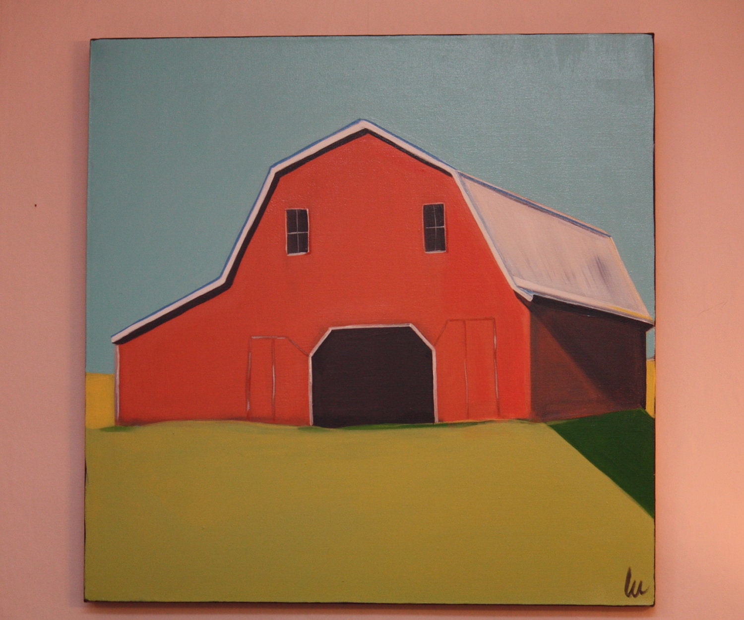 Large Colorful Contemporary Original That RED Barn ART Acrylic Painting Lime Aqua