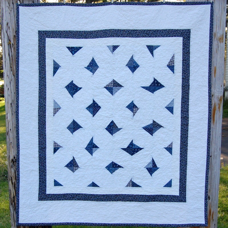Wonky Blue Diamonds Modern Patchwork Baby Crib Quilt / Blanket - READY TO SHIP