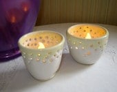 Small Votive Candle Holder Luminary Set of 2 in White with Pale Yellow Rim