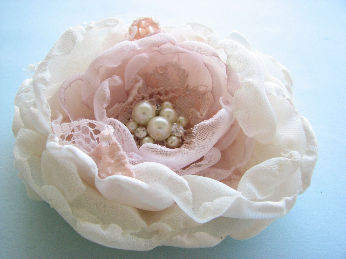 Hair flower, Large Ivory and Dusty Pink Peony, romantic hair clip or sash pin flower