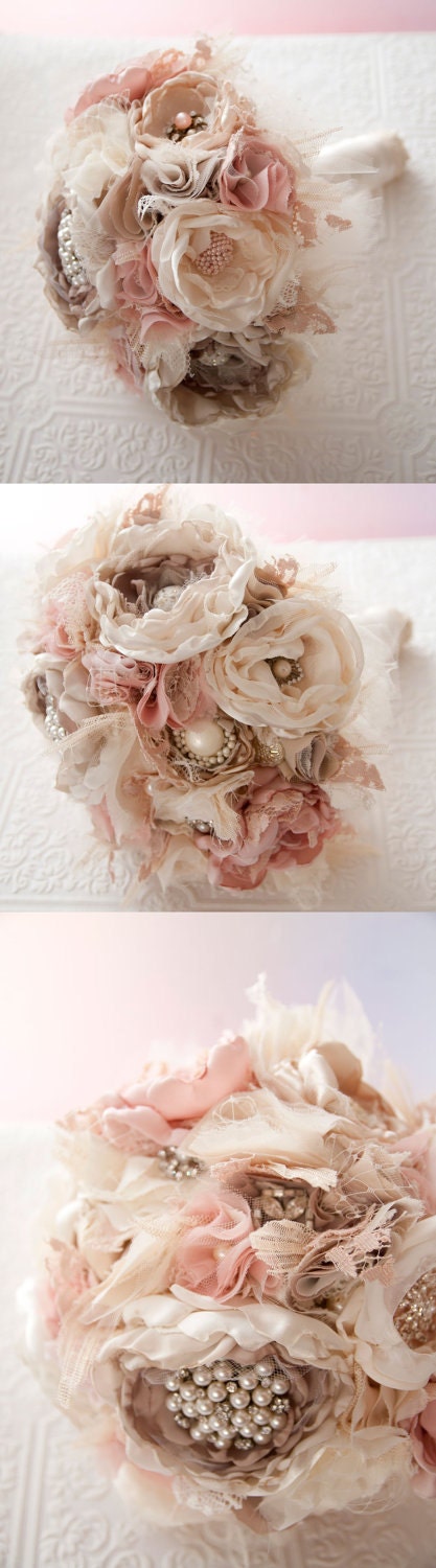 Fabric Flower Custom Wedding Bouquet, with rhinestone and pearl brooches, choose your colors