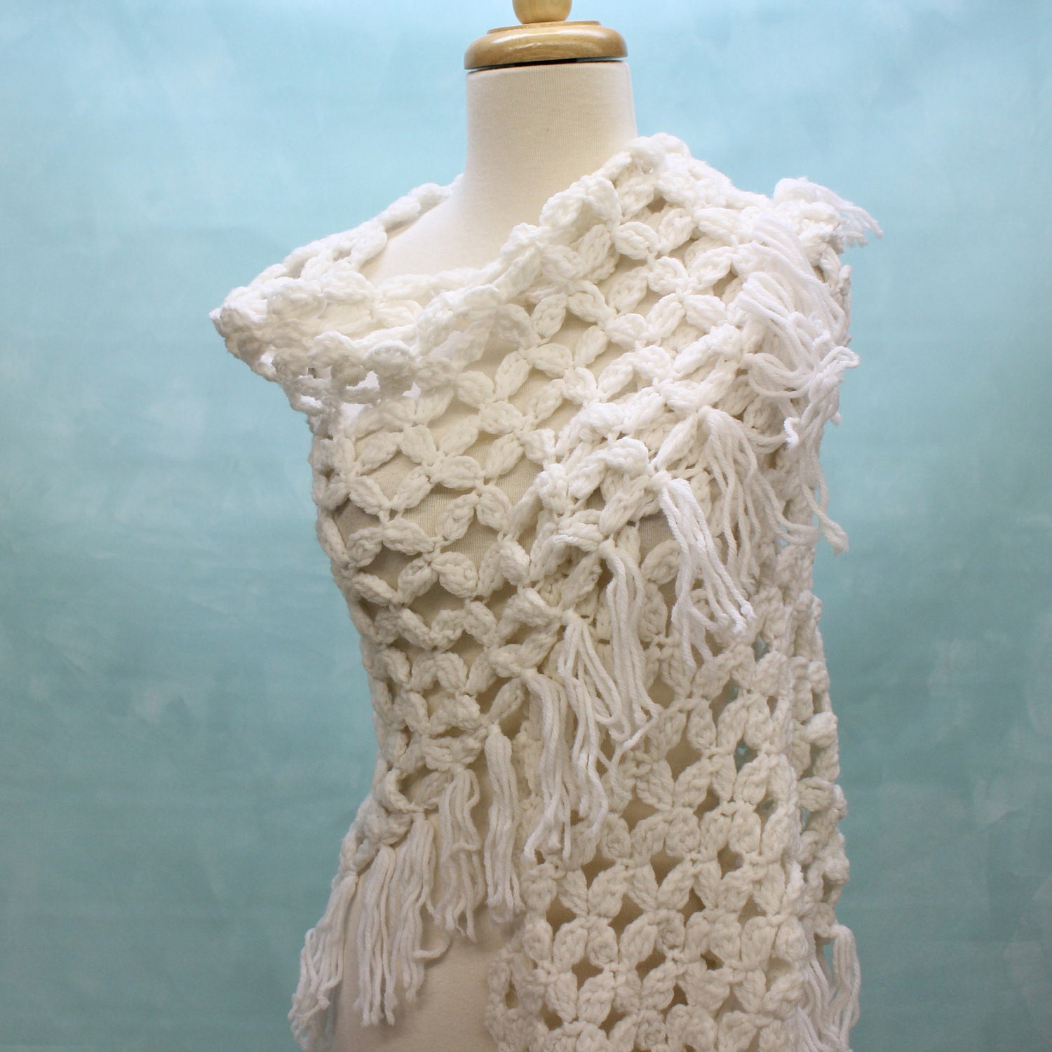 60's /70's White Crocheted Shawl with Fringe - One Size