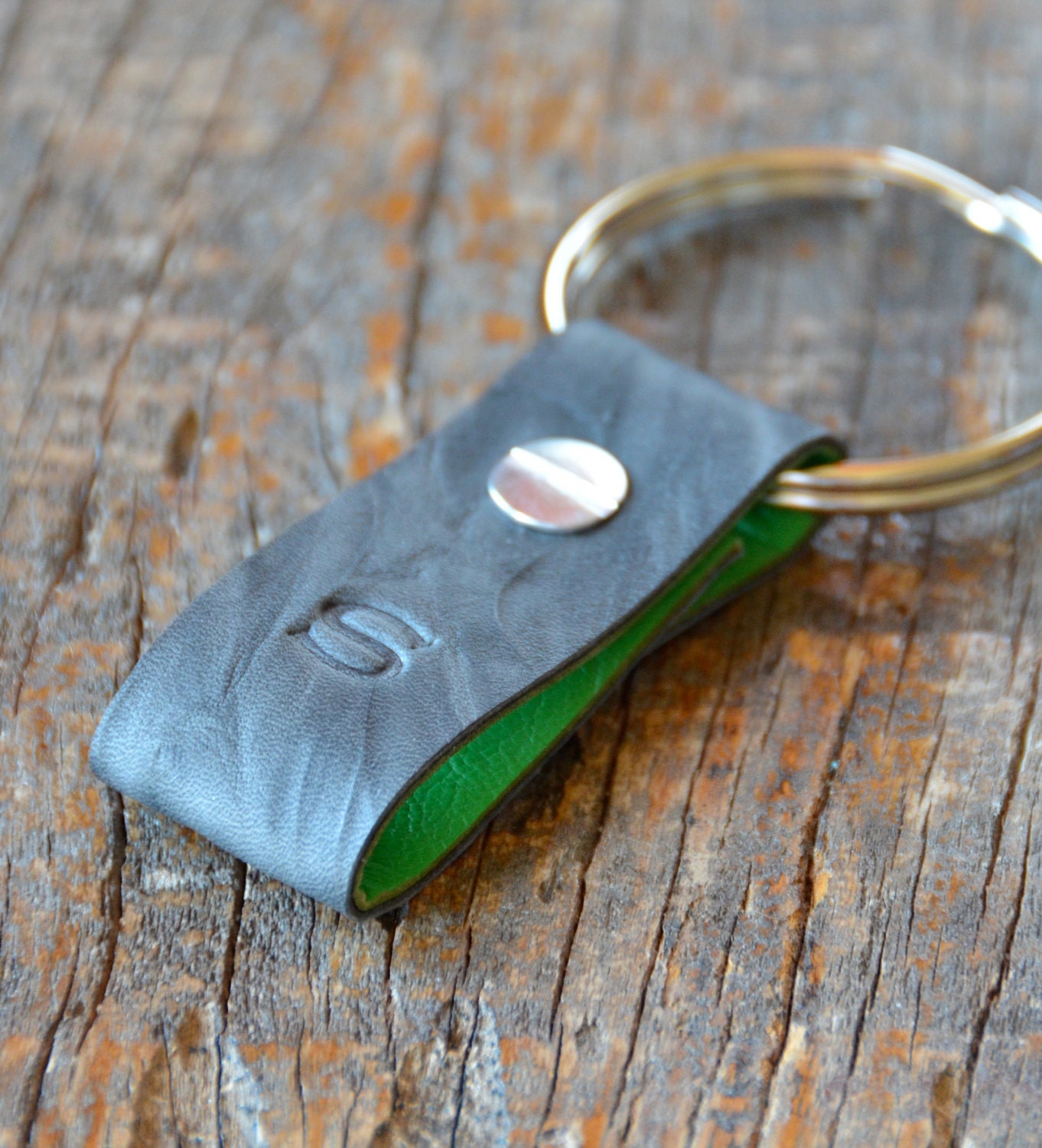 Monogrammed Crinkled Grey and Green Leather Keychain (Style 1)