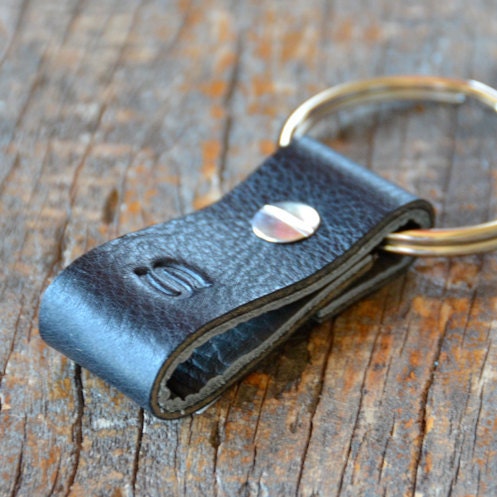Monogrammed Black and Dark Grey Leather Keychain (Style 1)